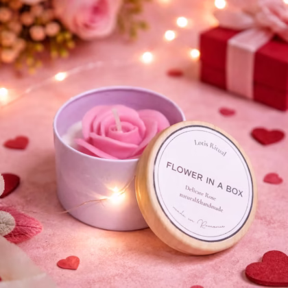 Lumânare parfumată Flower in a Box – Delicate Rose din ceară de soia bio, decorată cu trandafir roz din ceară